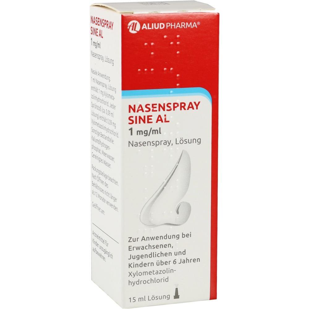 Eine braun-weiße Nasenspray-Verpackung von Aliud Pharma liegt aufrecht.